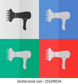 Blow dryer vector icon. Effect of folded paper. Colored (red, blue, green) illustrations. Flat design