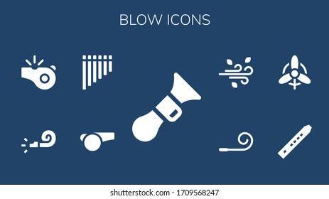 blow icon set. 9 filled blow icons. Included Horn, Whistle, Flute, Wind, Party blower icons