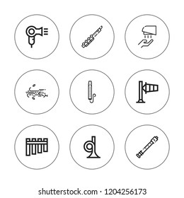 Blow icon set. collection of 9 outline blow icons with clarinet, hair dryer, hand dryer, flute, french horn, whistle, wind icons. editable icons.