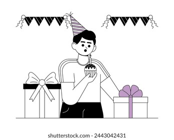 Blow out candles on birthday, get a gift, decoration vector illustration.