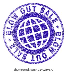 BLOW OUT SALE stamp imprint with distress texture. Blue vector rubber seal imprint of BLOW OUT SALE caption with scratched texture. Seal has words arranged by circle and planet symbol.
