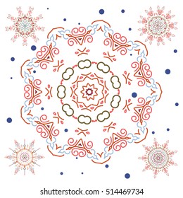 Blow snow texture on a white background. Winter mood background. Windstorm. Winter weather. Abstract snowstorm with blue and red snowflakes. Set of 5 abstract snowflakes. Winter background.