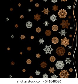 Blow snow texture pattern on black background. Winter background. Seamless pattern with snowflakes. Winter mood background. Abstract snowstorm with yellow and brown snowflakes. Windstorm.