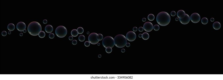 Blow soap bubbles wave - illustration over black background.