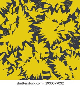 Blow Up trendy colors yellow illuminating silhouettes of lily flowers, buds and leaves on gray background. Spotted vector seamless pattern with drawn by hand flowers in full bloom. 
