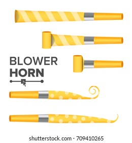 Blower Horn Vector. Yellow Party Blower Sign. Isolated Illustration