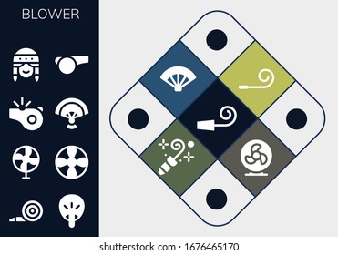 blower icon set. 13 filled blower icons.  Simple modern icons such as: Party whistle, Blower, Fan, Propeller, Whistle, Party