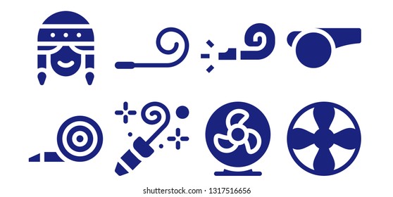 blower icon set. 8 filled blower icons.  Collection Of - Blower, Fan, Party Whistle, Propeller
