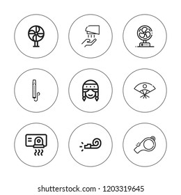 Blower icon set. collection of 9 outline blower icons with hand dryer, fan icons. editable icons.