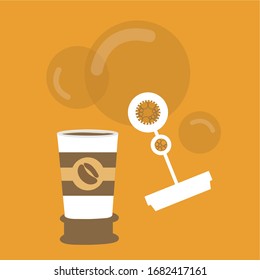 blower soap bubble wand concept like lid & cover art. brown aroma background art. energy in the air. Cafe to go or coffee shop logo idee. cardboard cup Vector illustration flat design cartoon creative