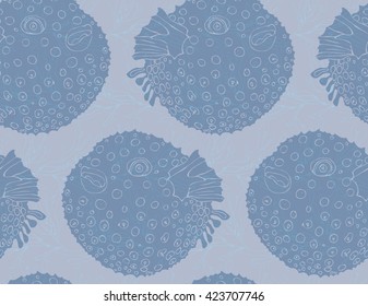 Blowfish blue on kelp.Seamless pattern. Sea life. Undewater fabric design.