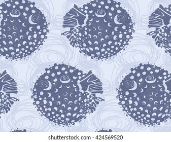 Blowfish blue on scribbled bubbles.Seamless pattern. Sea life. Undewater fabric design.