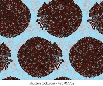 Blowfish brown on kelp.Seamless pattern. Sea life. Undewater fabric design.