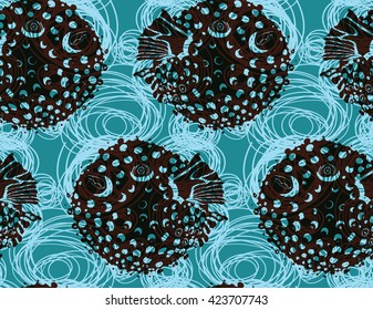 Blowfish brown on scribbled bubbles.Seamless pattern. Sea life. Undewater fabric design.