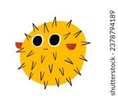 Blowfish cute vector illustration. Flat hand drawn doodle fish mascot. Happy fugu character for underwater cartoon graphic design.