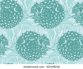 Blowfish green on kelp.Seamless pattern. Sea life. Undewater fabric design.