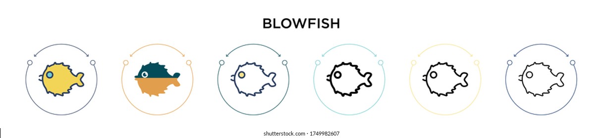 Blowfish icon in filled, thin line, outline and stroke style. Vector illustration of two colored and black blowfish vector icons designs can be used for mobile, ui, web