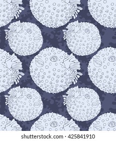 Blowfish on dark blue spots.Seamless pattern. Sea life. Undewater fabric design.