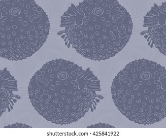 Blowfish on scribbled bubbles.Seamless pattern. Sea life. Undewater fabric design.