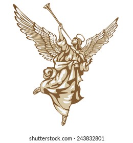 Blowing angel, running across the sky. In three colors on a white background