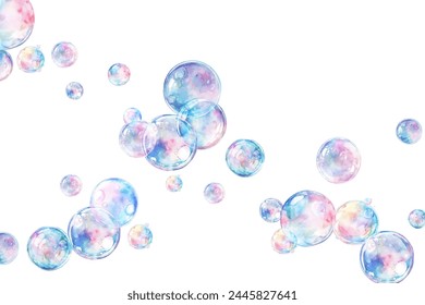 Blowing bubbles on white. Soap bubble flying, kids foam souffle play in colorful oxygen shampoo translucent clear ball, child game concept vector illustration