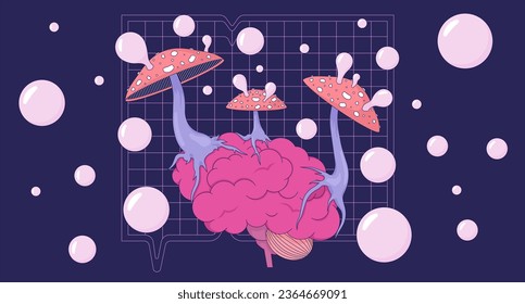 Las burbujas que soplan triplican los hongos en el fondo de pantalla de lofi cerebral. Fungus fly agaric afecta a la imagen plana de la escena 2D del órgano. Arte vector chill alucinogénico, fondo colorante estético