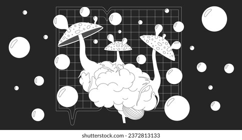 Blowing bubbles trippy mushrooms on brain black and white lofi wallpaper. Fly agaric affecting organ 2D outline scene cartoon flat illustration. Hallucinogenic vector line lo fi aesthetic background