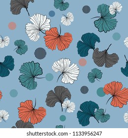 Blowing Gingko leaves seamless pattern vector in hand drawn style mix with circle stripe, for fashion ,fabric and all prints on sky blue background colors 