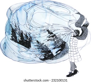 Blowing girl. Vector illustration with watercolor effect