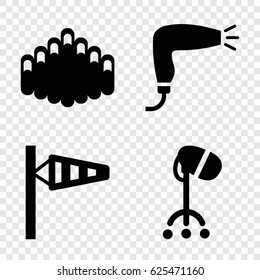 Blowing icons set. set of 4 blowing filled icons such as wind cone, hair dryer