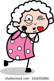 Blowing Kiss - Old Woman Cartoon Granny Vector Illustration