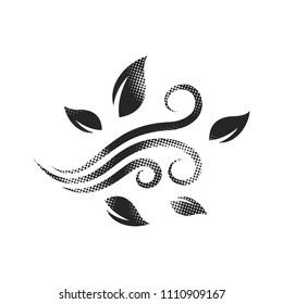 Blowing leaves icon in halftone style. Black and white monochrome vector illustration.
