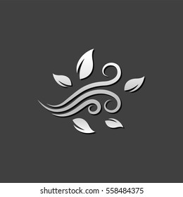 Blowing leaves icon in metallic grey color style. Autumn fall weather