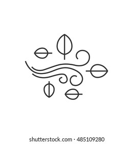 Blowing leaves icon in thin outline style. Autumn fall falling windy weather forecast