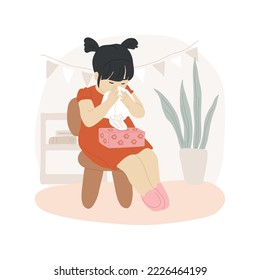 Blowing nose isolated cartoon vector illustration. Blowing nose practice, teaching child to use handkerchief, practical life lesson, preschool education, montessori method vector cartoon.