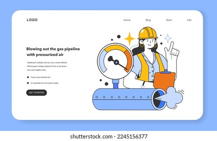 Blowing out the gas pipeline with pressurized air web banner or landing page. Natural gas transportation pipeline system. Natural resource extraction industry. Flat vector illustration
