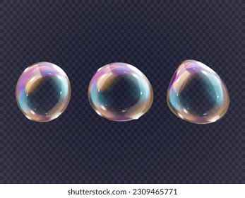 Florecer burbujas realistas. burbuja de agua de detergente de oxígeno 3D, bolas de espuma de gota reluciente o esfera brillante lúgubre clara de champú burbujeante ilustración vectorial exacta de espuma de champú