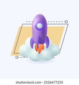 Cohete de soplado 3d icono de estilo de dibujos animados. Nave espacial lanzándose en Ilustración vectorial plana espacial. Empezar un negocio o un emprendimiento. Desarrollo, crecimiento, educación, concepto de innovación