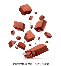 Blowing shards of red brick pieces realistic colored design concept on white background abstract vector illustration