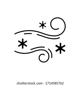 Blowing snow black glyph icon. Windy weather, meteorological forecast silhouette symbol on white space. Strong snowstorm, windstorm, blizzard. Cold wind with snowflakes. Vector isolated illustration