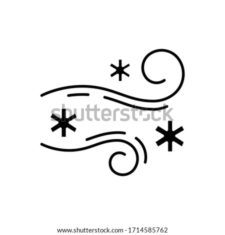 Blowing snow black glyph icon. Windy weather, meteorological forecast silhouette symbol on white space. Strong snowstorm, windstorm, blizzard. Cold wind with snowflakes. Vector isolated illustration