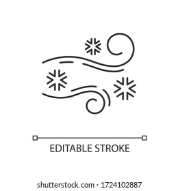 Blowing snow pixel perfect linear icon. Windy weather forecast thin line customizable illustration. Contour symbol. Cold wind with snowflakes vector isolated outline drawing. Editable stroke