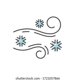 Blowing Snow RGB Color Icon. Windy Weather, Meteorological Forecast. Strong Snowstorm, Windstorm, Blizzard. Cold Wind With Snowflakes. Isolated Vector Illustration