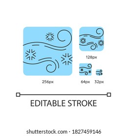 Blowing snow turquoise linear icons set. Windy weather forecast. Cold wind with snowflakes. Thin line customizable 256, 128, 64 and 32 px vector illustrations. Contour symbols. Editable stroke