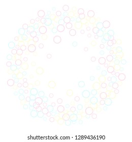 Blowing soap bubbles flying abstract illustration. Pink yellow and blue bokeh lights. Kids bubbles for play. Cartoon purity background. Childish magic flying sheres.