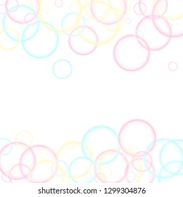 Blowing soap bubbles flying abstract illustration. Pink yellow and blue bokeh lights. Kids bubbles for play. Tender minimalist vector backdrop. Childish magic flying sheres.