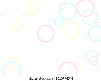 Blowing soap bubbles flying abstract illustration. Pink blue and yellow blurred rings. Children bubbles for play. Abstract soap foam vector design. Girlish backdrop with round shapes.