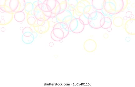 Blowing soap bubbles flying abstract illustration. Pink blue and yellow blurred rings. Kids bubbles for play. Pretty minimal background. Childish magic flying sheres.