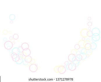 Blowing soap bubbles flying abstract illustration. Pink yellow and blue bokeh lights. Kids bubbles for play. Abstract soap foam vector design. Childish magic flying sheres.