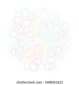 Blowing soap bubbles flying abstract illustration. Pink yellow and blue bokeh lights. Kids bubbles for play. Tender minimalist vector backdrop. Childish magic flying sheres.